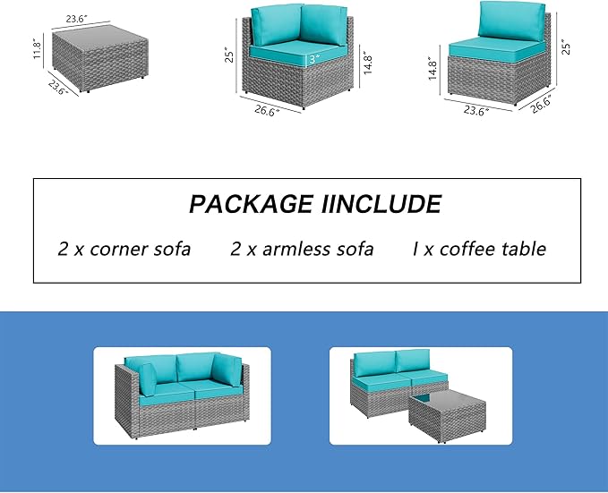 Shintenchi 5 Pieces Outdoor Patio Furniture Sets, Patio Sectional Sofa Couch - Image 6