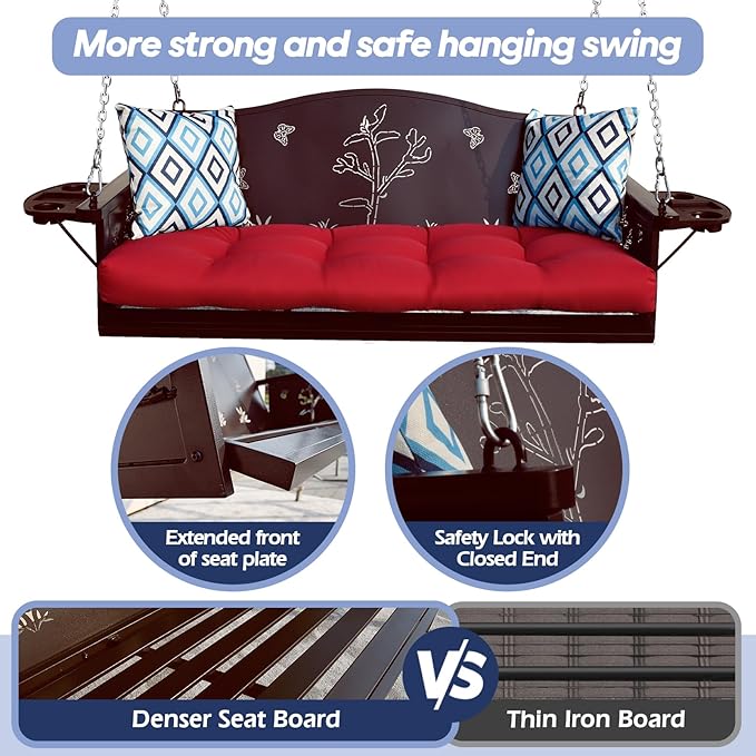 3-Seat Metal Porch Swing 900 LBS Heavy Duty Hanging Bench - Image 2