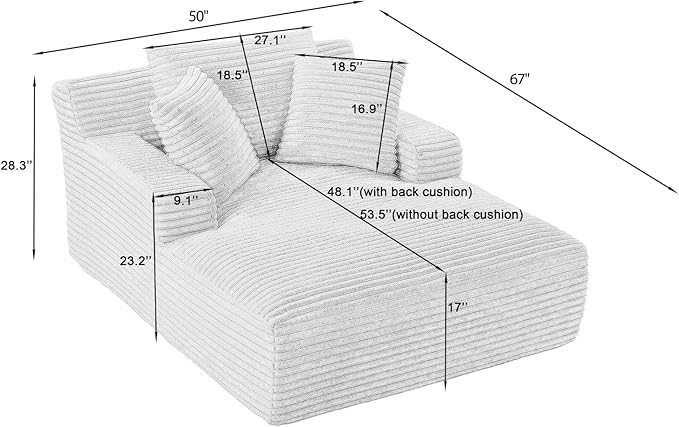 67 Inch Chaise Lounge Chair Indoor, Oversized Corduroy Upholstered Boneless - Image 2