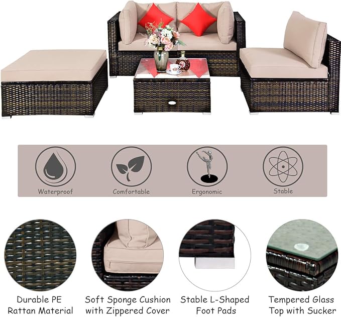 Tangkula 5 Pieces Patio Rattan Furniture Set, Outdoor Sectional Rattan Sofa Set - Image 8