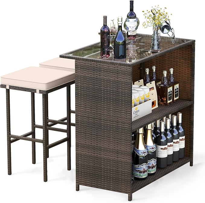 Tangkula 3 Piece Patio Bar Set, Outdoor Rattan Bar Table and 2 Stools by TANGKULA