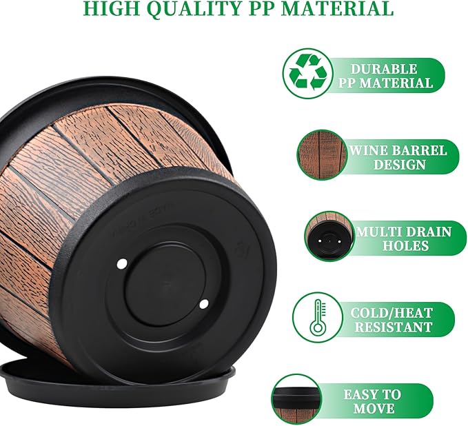 Quarut Large 4 Pack 14 inch Plant Pots, Whiskey Barrel Planters - Image 5