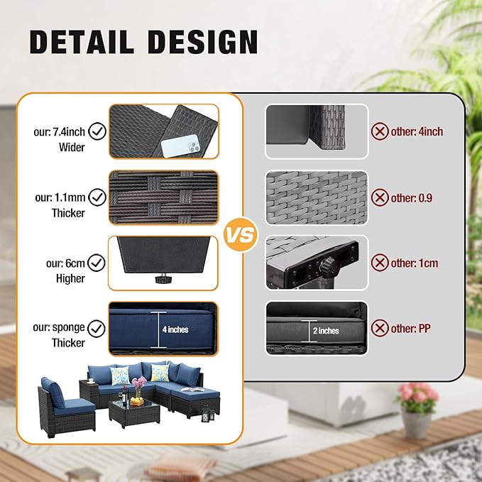 7 Pieces Patio Furniture Set All-Weather Outdoor Wicker Sectional Conversation - Image 3