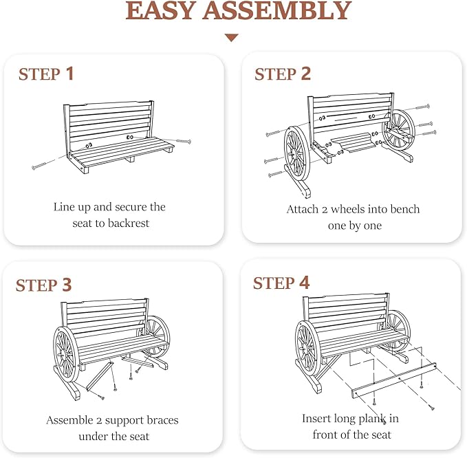 VINGLI Rustic Wooden Wheel Bench Outdoor Bench, Patio Bench Wagon Slatted Seat - Image 6