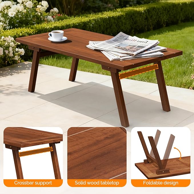 VINGLI Outdoor Folding Coffee Table, Natural Poplar Wood Patio Coffee Table - Image 8