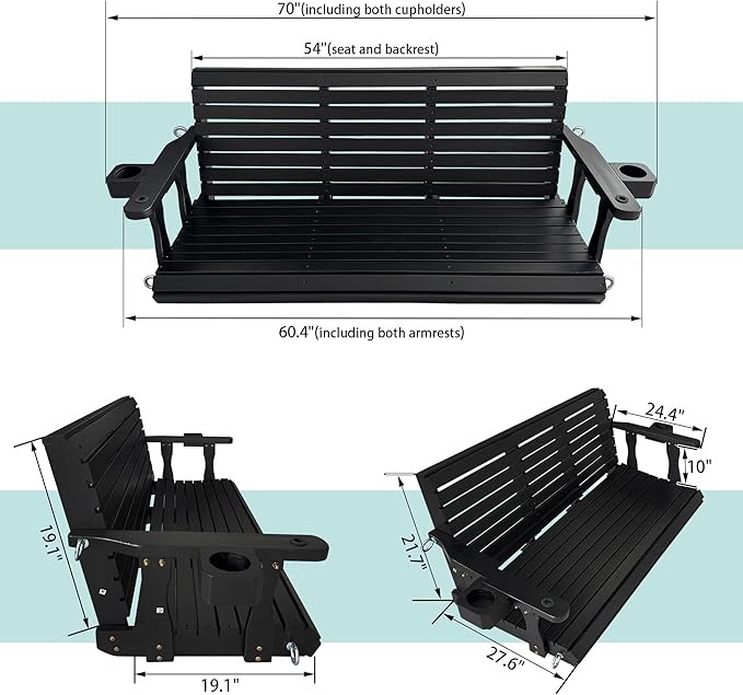 Wooden Porch Swing 3-Seater, High Backrest and Deep Seat, Bench Swing - Image 6