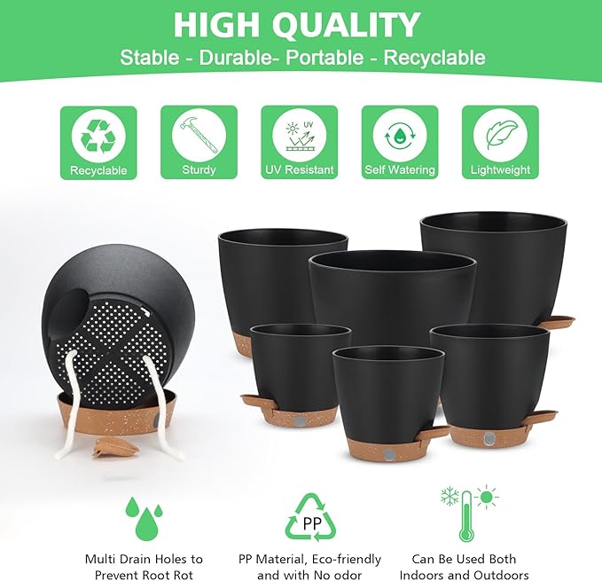 Self Watering Planter Set with Visual Water Level, Modern 8+7+6.5+6+5.5+5 Inch - Image 5