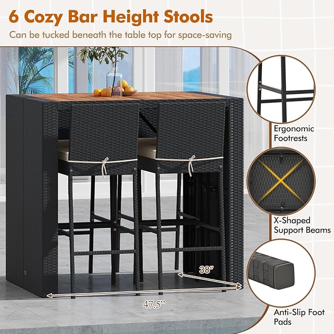 COSTWAY 5 Piece Patio Bar Set, Outdoor Rattan Wicker Bar Table and 30'' High - Image 6