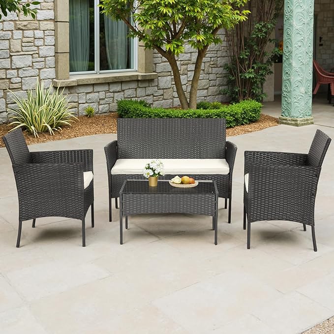 FDW | 4-Piece Patio Furniture Set | Black | Outdoor Wicker Furniture - Image 8
