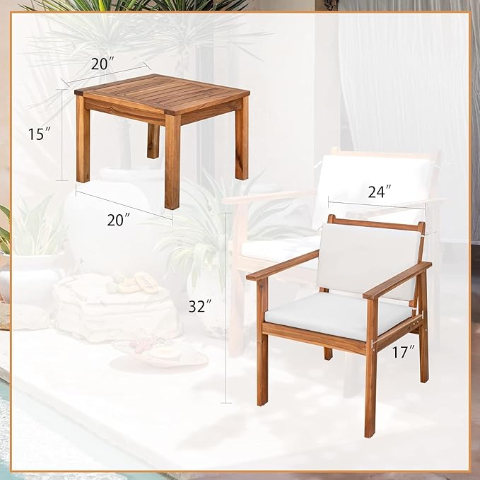 Devoko Patio Set 3 Piece Acacia Wood Outdoor Furniture Conversation Seat - Image 3