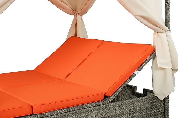 Patio Chaise Lounge, Four-sided Canopy, Overhead Curtain and Orange Cushion - Image 6
