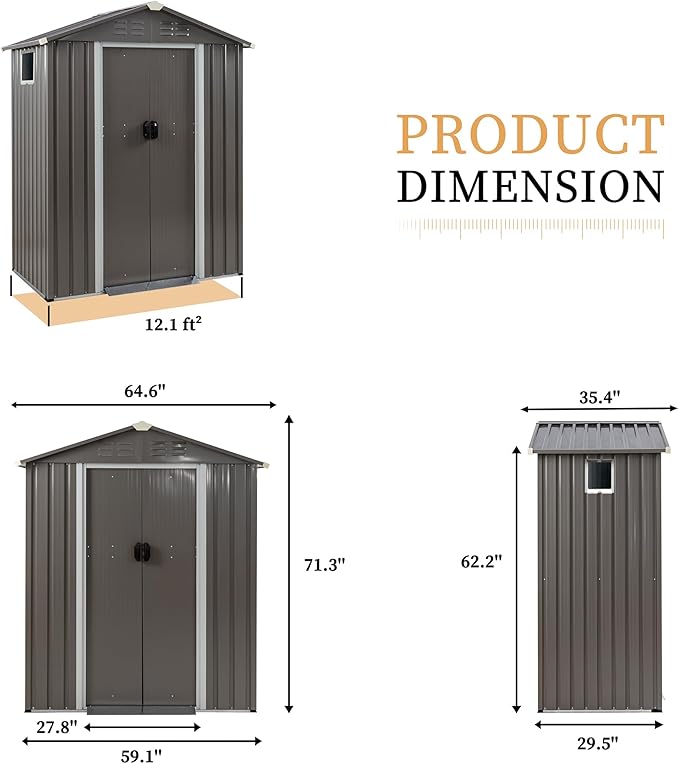 Vongrasig 5 x 3 x 6 FT Outdoor Storage Shed, Metal Tool Shed Clearance Garden - Image 3