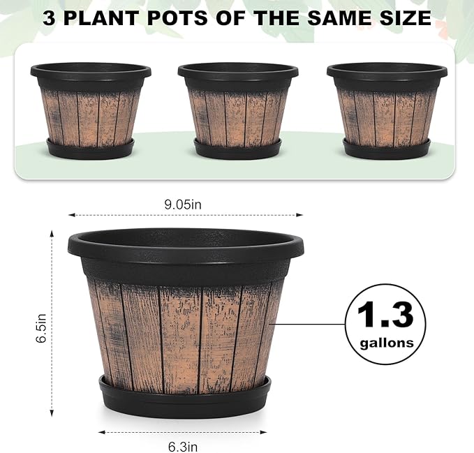Quarut Plant Pots Set of 3 Pack 9 inch, Whiskey Barrel Planters - Image 2
