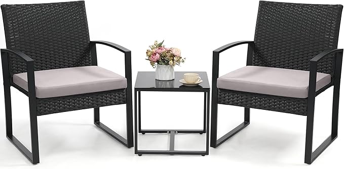 3 Piece Wicker Patio Bistro Set, Rattan Conversation Set by Murago