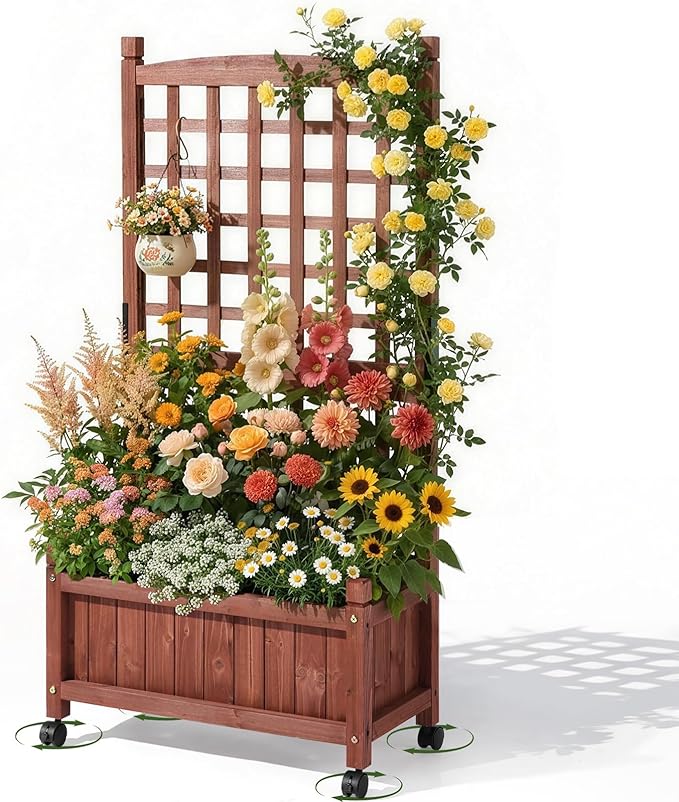 VINGLI Wooden Planter with Trellis, FreeStanding Planter Box with Drainage Holes by VINGLI