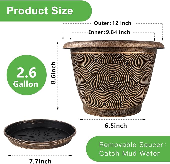 12 Inch Large Planter Pot for Plants Indoor Outdoor, 4 Pack Plastic Flower Pots - Image 4