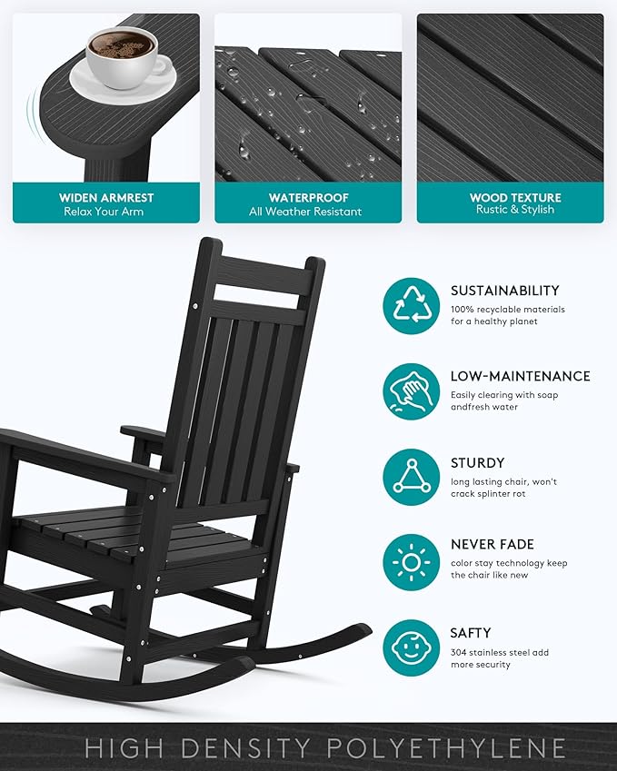 SERWALL Outdoor Rocking Chair Set of 2, HDPE Rocking Chairs - Image 4