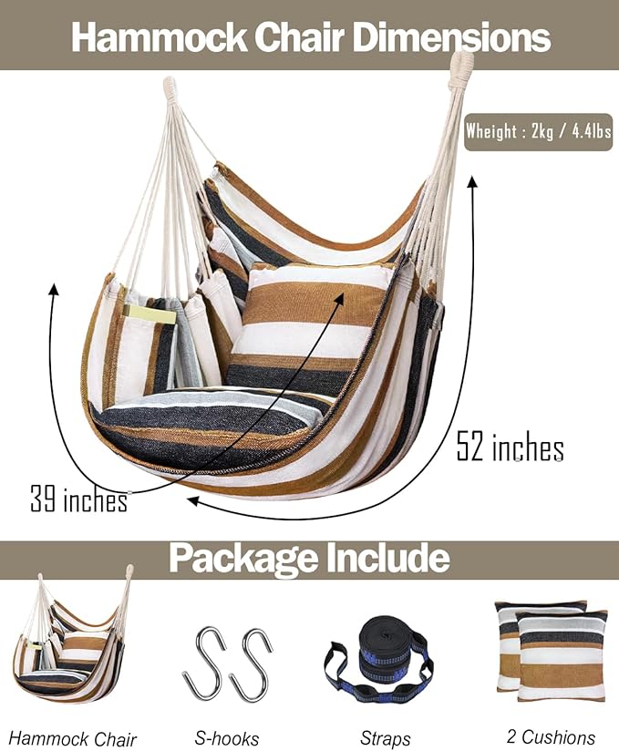 Halalona Hammock Chair Hanging Hammock Chair Rope Swing 2 Cushions - Image 6