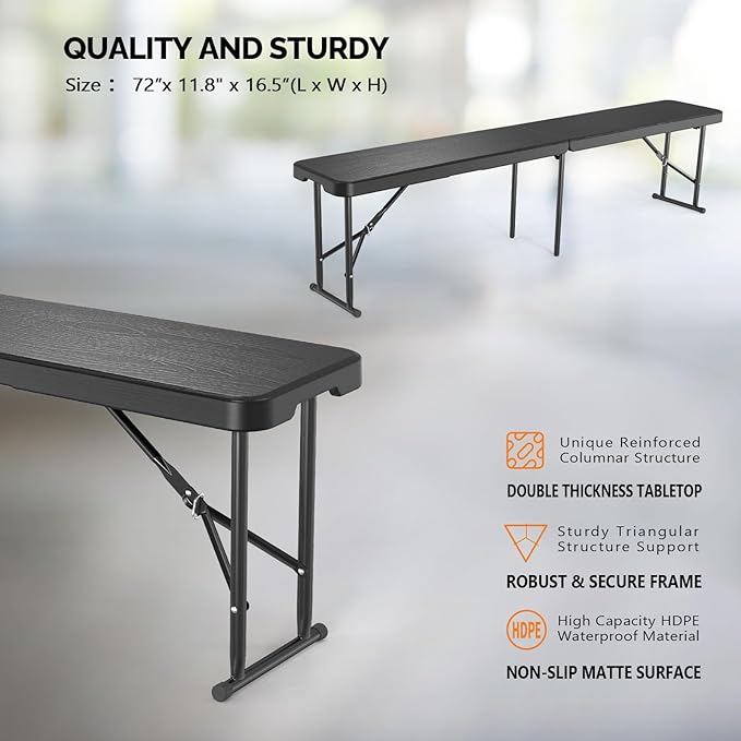 VINGLI 6 feet Plastic Folding Bench, Portable in/Outdoor Picnic Party Camping - Image 3