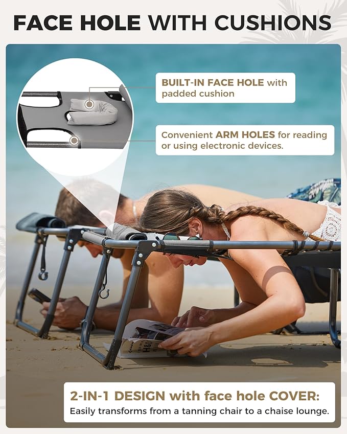 KingCamp Tanning Chair with Face Hole, Lounge Chairs Outdoor Folding Comfy - Image 3