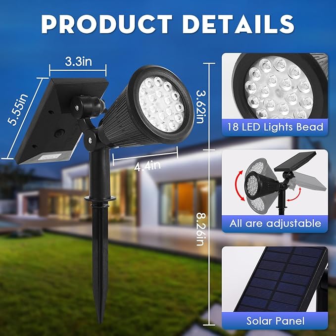 Solar Spot Lights Outdoor, 2-in-1 Wall Mount & Ground Stake 18 LEDs - Image 6