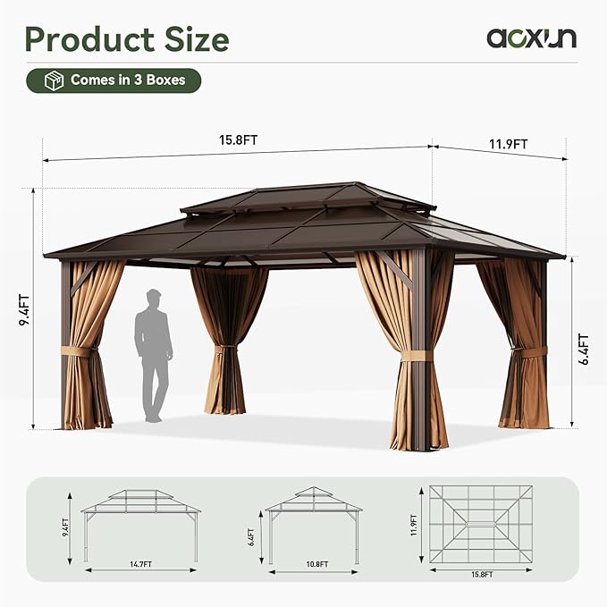 Aoxun 12'x16' Hardtop Gazebo, Aluminum Frame Permanent Pavilion - Image 9