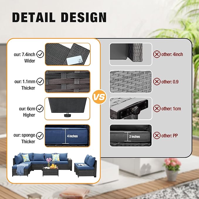 9 Pieces Patio Furniture Set All-Weather Outdoor Wicker Sectional Conversation - Image 3