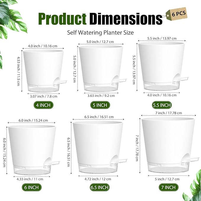 Plant Pots 4/5/5.5/6/6.5/7 Inch Self Watering Pots, 6 Pack Plastic Planters - Image 5