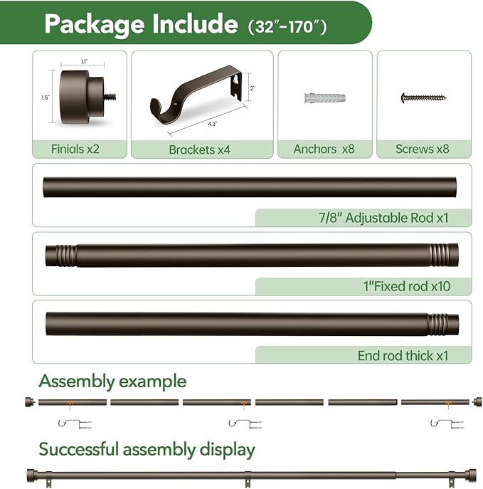 Curtain Rods for Windows 32 to 170, 1 Inch Adjustable Heavy Duty Long Window - Image 6