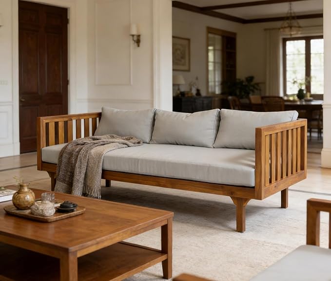 Merax Solid Acacia Wood Couch Chaise Lounge Chair Indoor, 3 Seater Daybed Sofa - Image 5