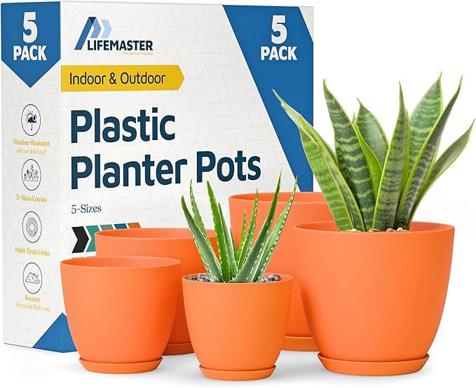 Yellow Plant Pots with Drainage Holes & Saucers 5 Pack, Indoor & Outdoor by LIFEMASTER
