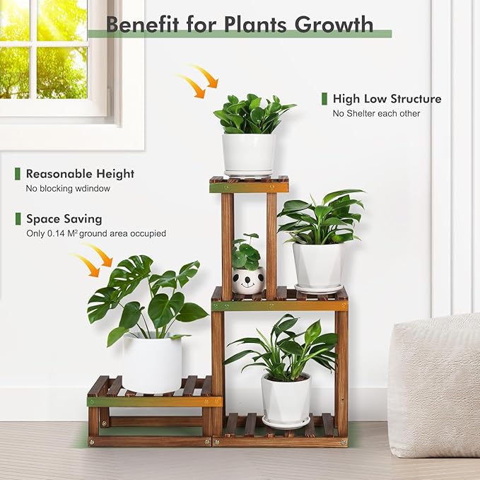 Wood Plant Stand Indoor Outdoor 4 Tiers Plant Rack Corner Planter Shelf Flower - Image 3