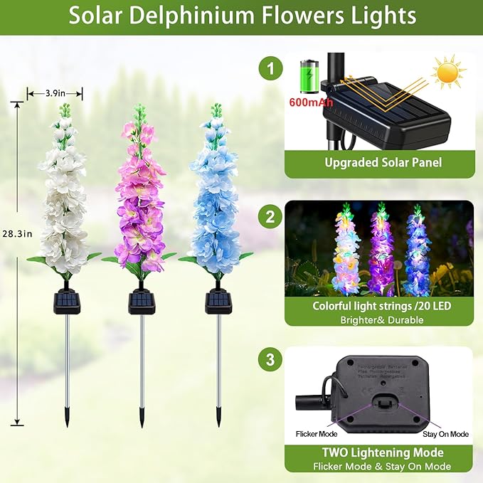 Solar Garden Lights, 6 Pack 20 LEDs Solar Delphinium Flowers Lights Gifts - Image 2