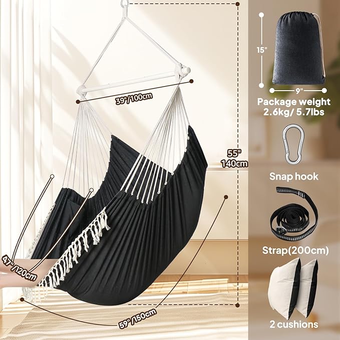 Chihee Hammock Chair 4.9ft x 3.9ft Max 500 Lbs Widen Hanging Swing 2 Cushions - Image 4