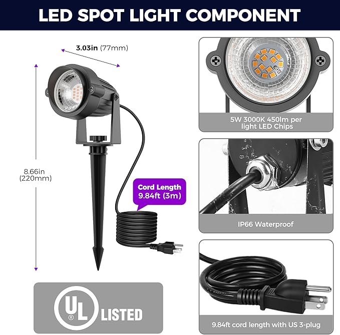 L LOHAS LED Tree Spotlight Outdoor, Auto On/Off 5W 120V Landscape Lighting - Image 6