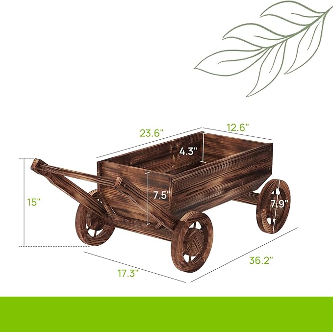 Wooden Flower Cart with Wheels Wooden Wagon Planter Outdoor Garden Planter - Image 3