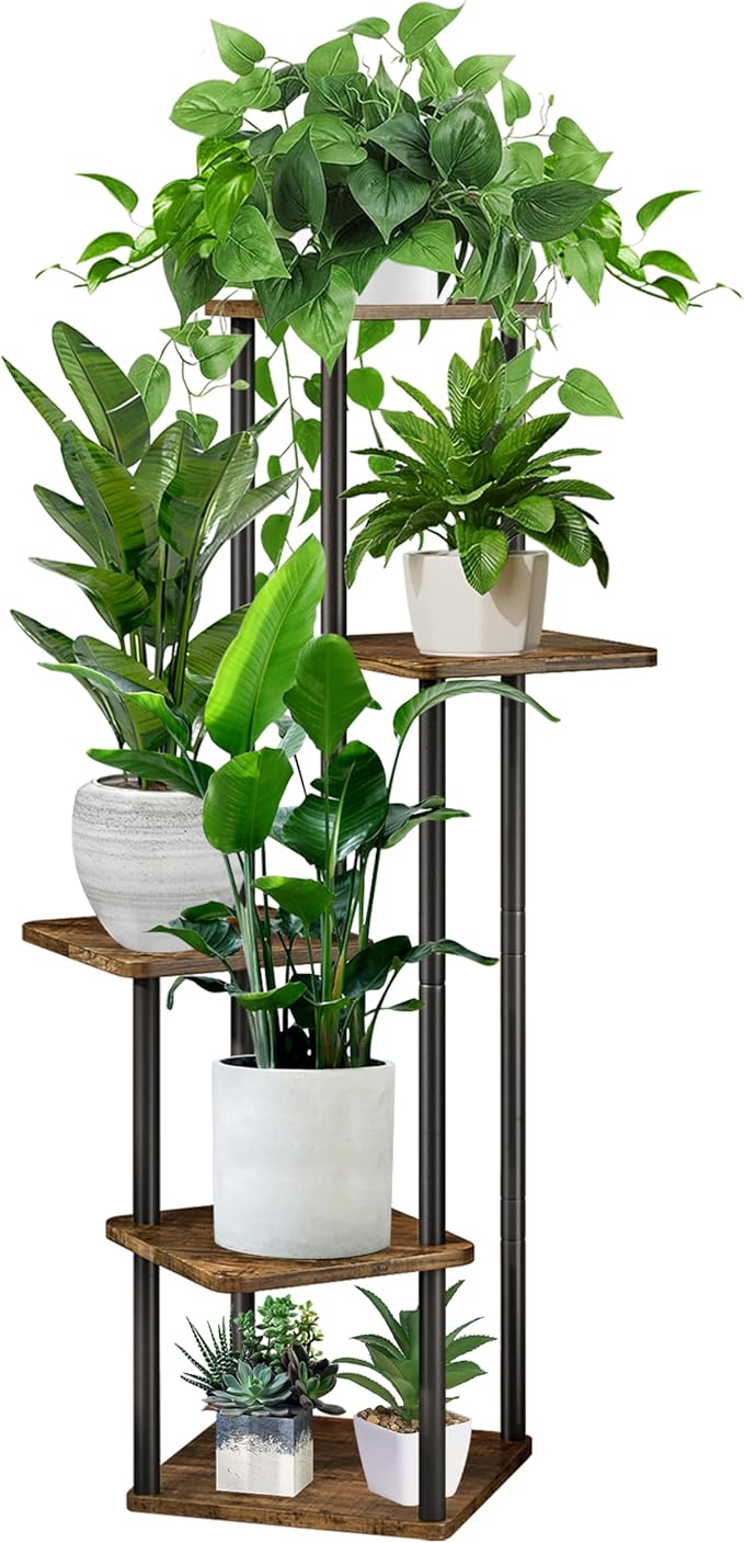 5 Tier Plant Stand Indoor, Thickened Metal Wood Corner Plant Shelf Stands by YOCOMEY