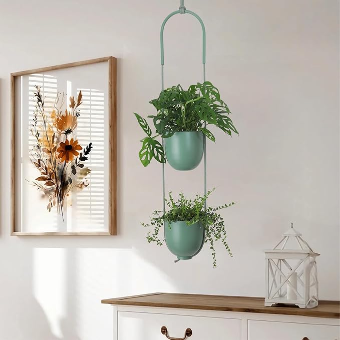 Metal Hanging Planters 2 Tiers Indoor Outdoor Modern Plant Hangers Wall Ceiling - Image 2