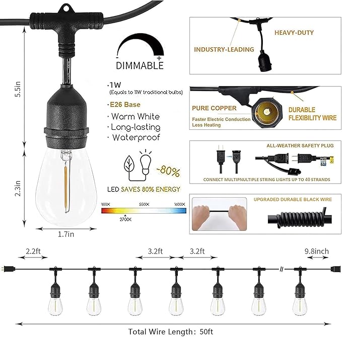 Svater Outdoor String Lights 150FT, E26 Socket, 1 Watt Dimmable 2700K Warm White - Image 7