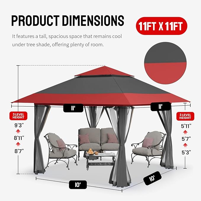 CROWN SHADES 11x11 Pop Up Gazebo, Patented One Push Outoor Canopy Tent - Image 6