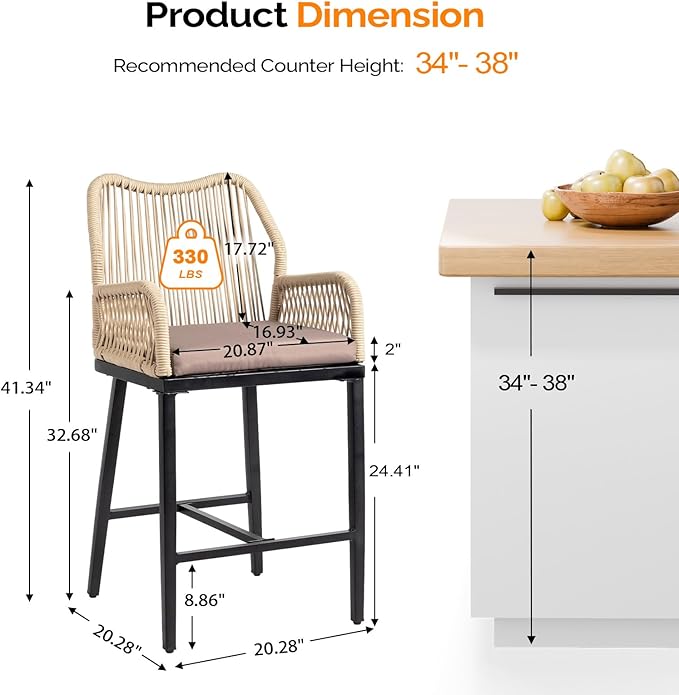 VINGLI Outdoor Counter Height Bar Stools Set of 4, Rattan Outdoor Barstools - Image 5
