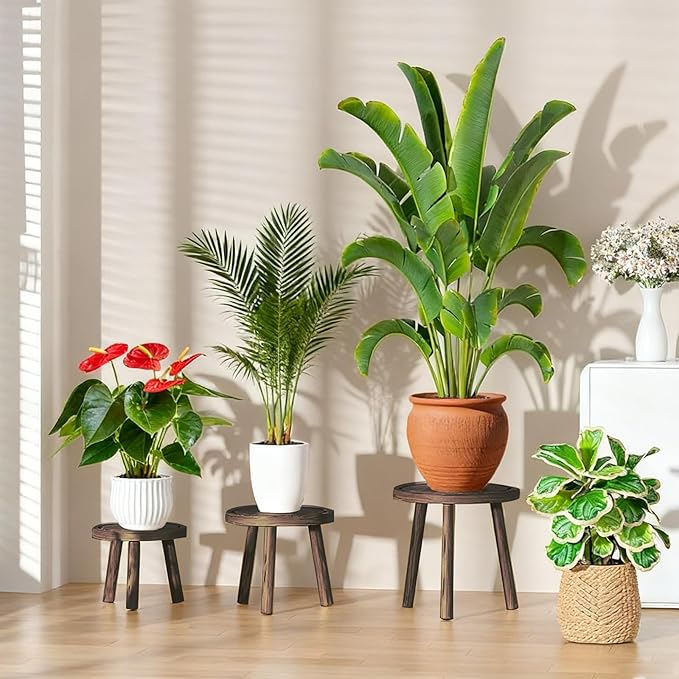 3 Pack Plant Stand Indoor Outdoor Mid-Century Modern Plant Stool Wooden Plant - Image 2