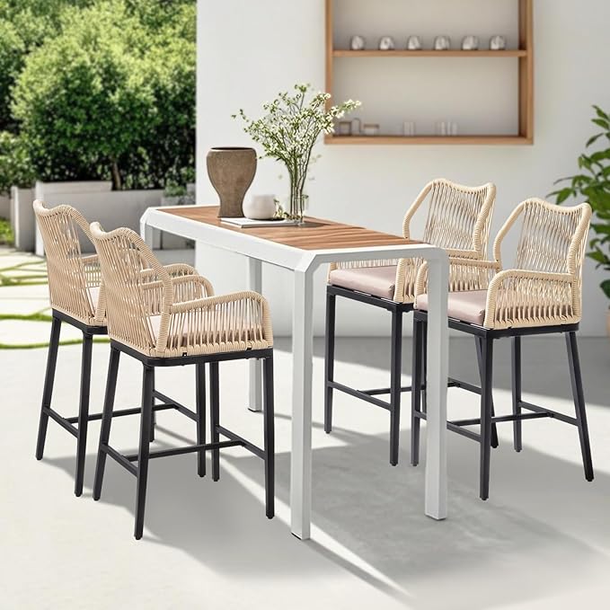 VINGLI Outdoor Counter Height Bar Stools Set of 2, Rattan Outdoor Barstools - Image 5