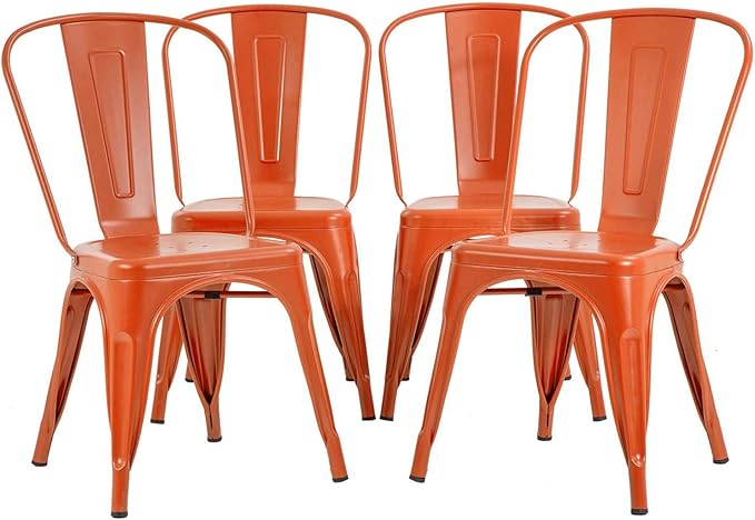 FDW | Set of 4 Metal Dining Chairs | Orange | Stackable Tolix Side Chairs by FDW