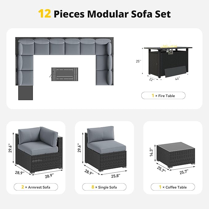 Aoxun Patio Furniture Set with Fire Pit Table, 12 Piece Outdoor Sectional Sofas - Image 7