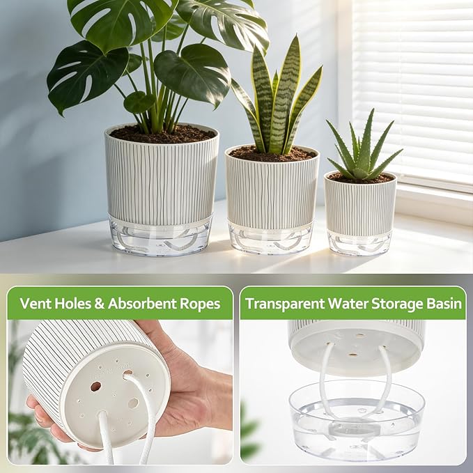 3 Pack Self Watering Pots for Indoor Plants, 4+5.5+6.3 Inch Self Watering Plant - Image 3