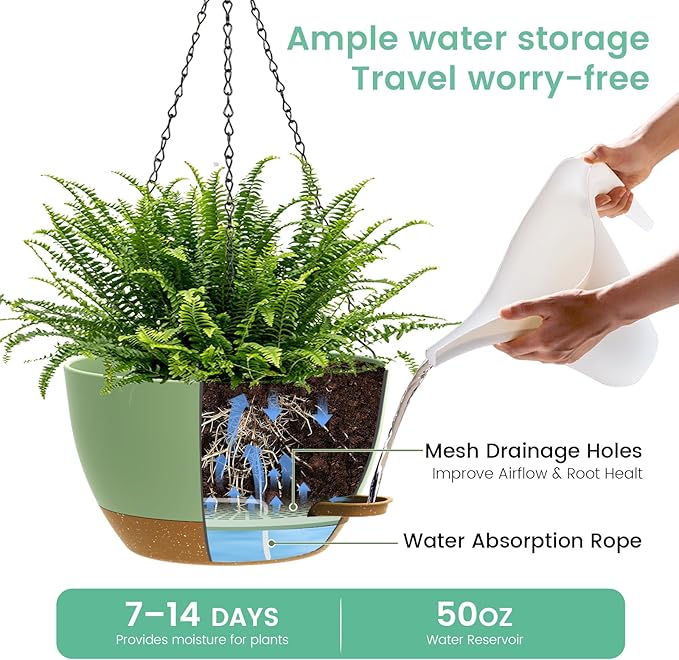 13 Inch 2 Pack Large Self Watering Hanging Planters - Image 3
