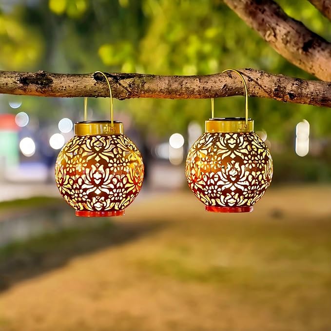 2 Pack Outdoor Solar Hanging Lantern Lights Metal LED Decorative Lamp - Image 5