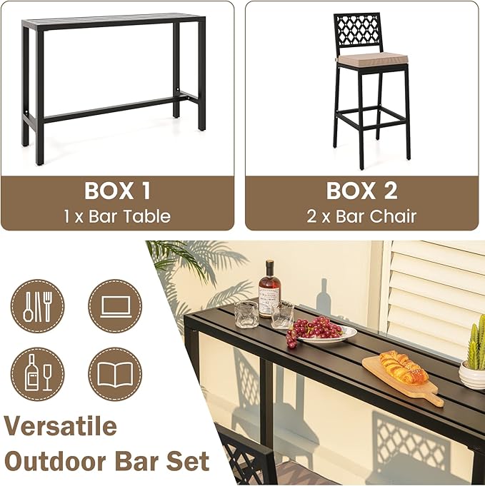 COSTWAY 3 Piece Outdoor Bar Table and Chairs Set, Metal Patio Bar Table Set - Image 3