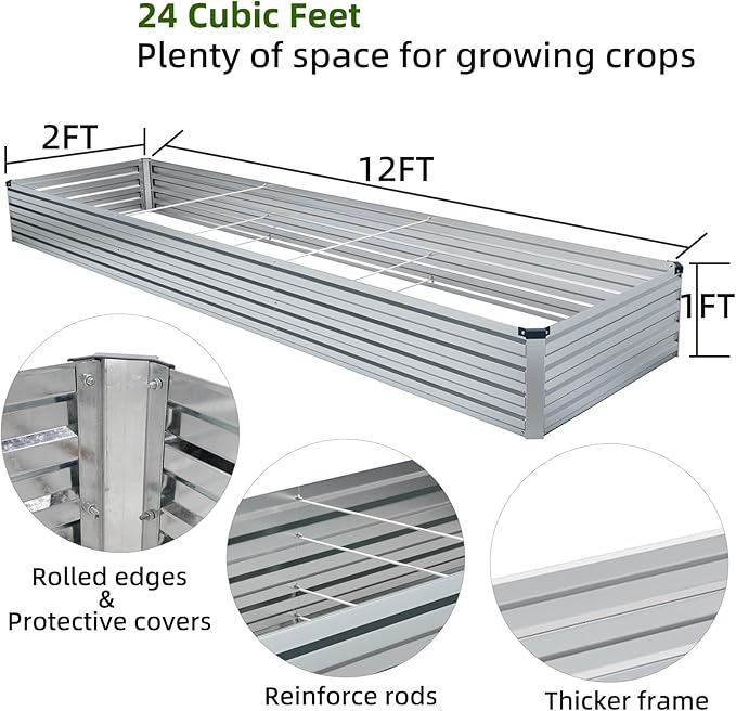 2 Pack 12x2x1FT Galvanized Raised Garden Bed Kit, Outdoor Metal Planter Box - Image 3